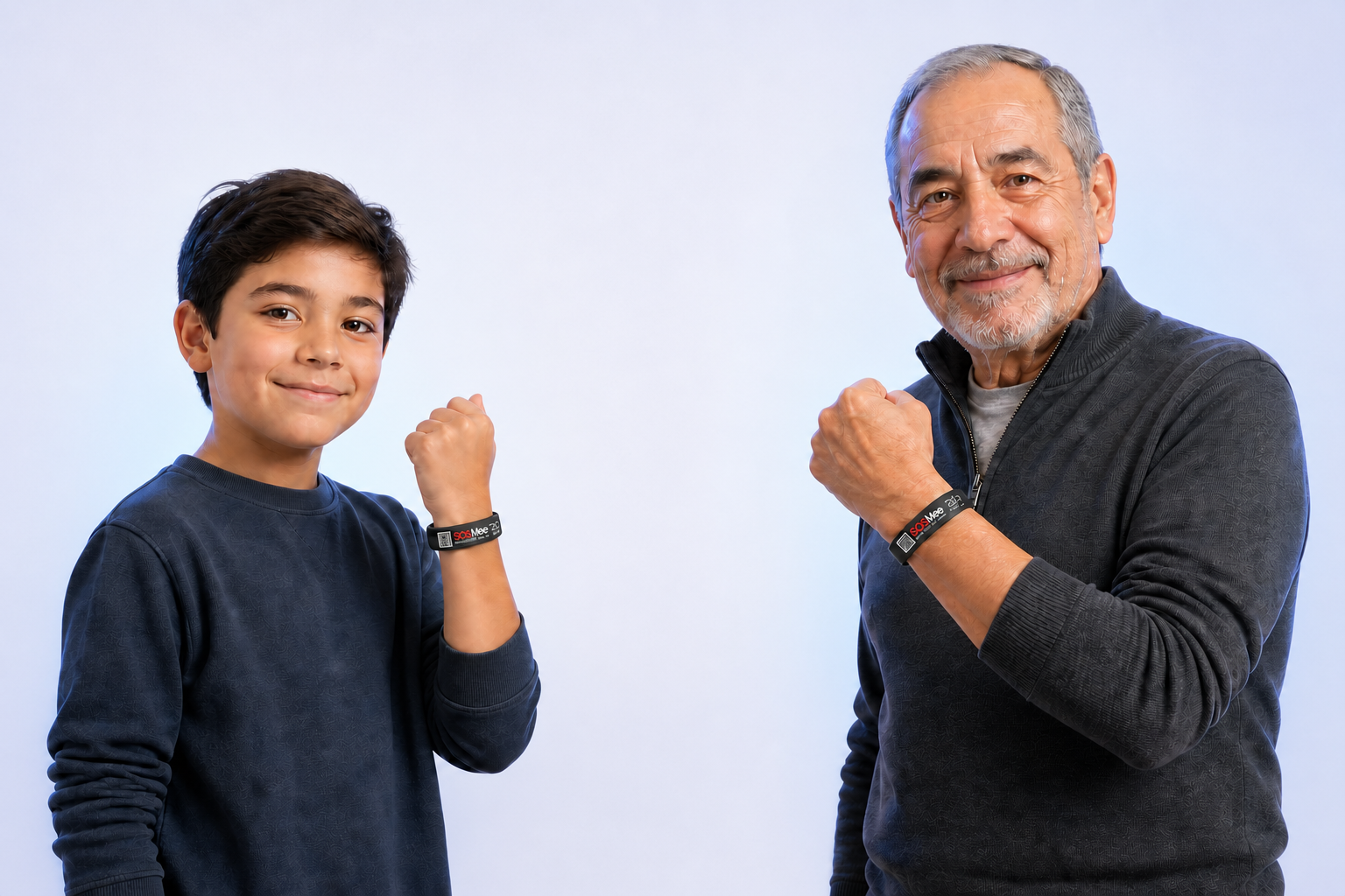 Niño y adulto mayor usando la pulsera de emergencia SOSMee Band 2.0